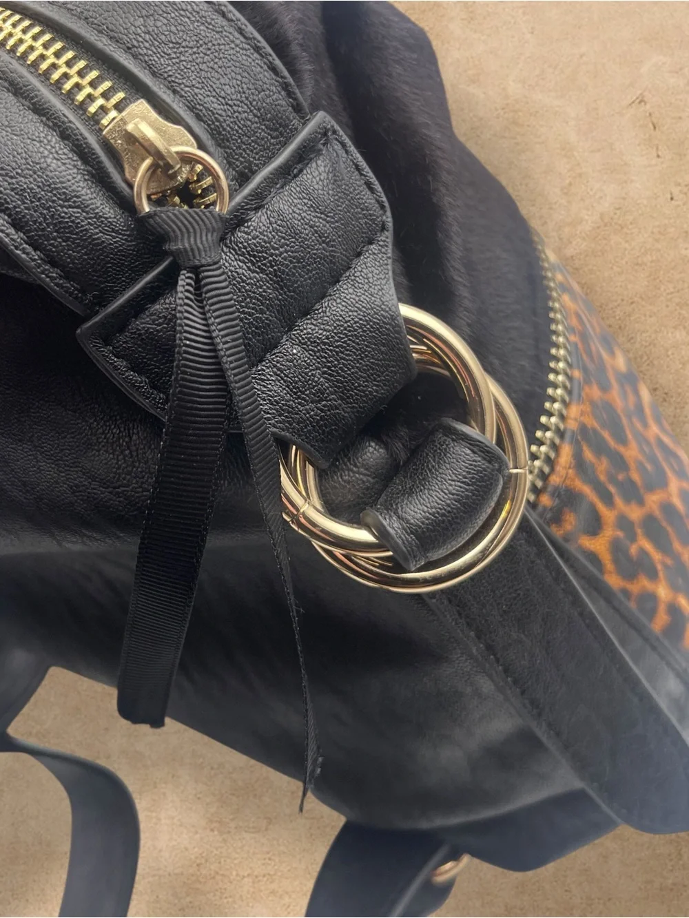 Jessica Simpson Faux Fur Black & Leopard Print Backpack Purse